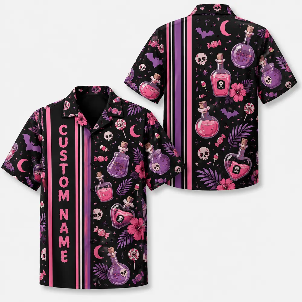 Personalized Spooky Stripe Halloween Hawaiian Shirt For Men Women, Short Sleeve Festive Fall Vacation Print, Custom Name Button Down - Style 10