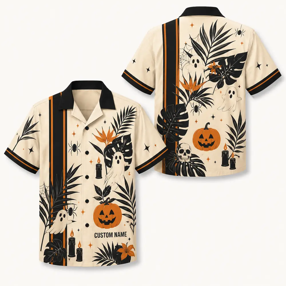 Personalized Spooky Stripe Halloween Hawaiian Shirt For Men Women, Short Sleeve Festive Fall Vacation Print, Custom Name Button Down - Style 2