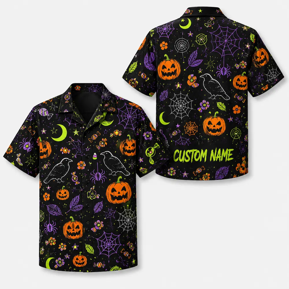 Personalized Spooky Stripe Halloween Hawaiian Shirt For Men Women, Short Sleeve Festive Fall Vacation Print, Custom Name Button Down - Style 3