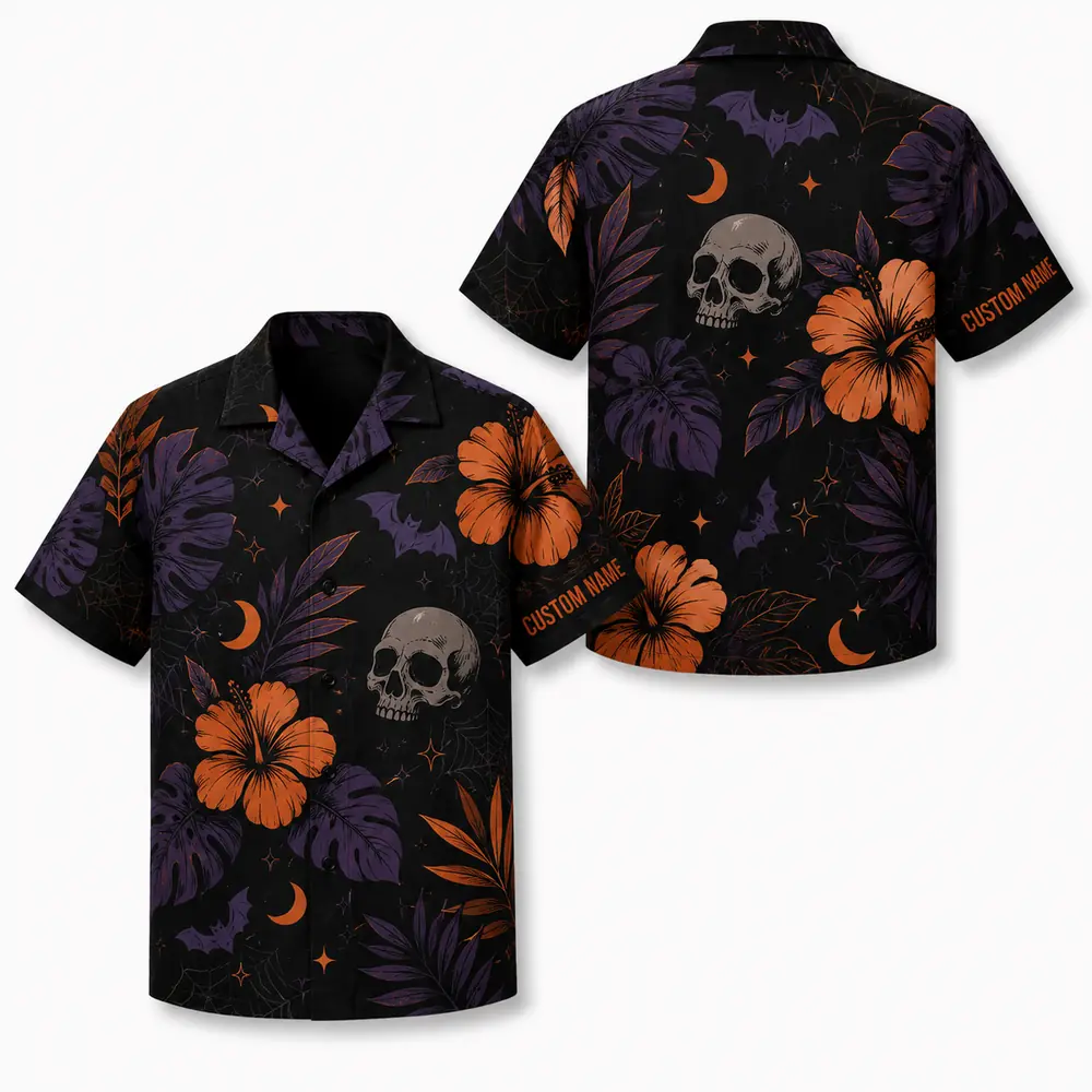Personalized Spooky Stripe Halloween Hawaiian Shirt For Men Women, Short Sleeve Festive Fall Vacation Print, Custom Name Button Down - Style 5