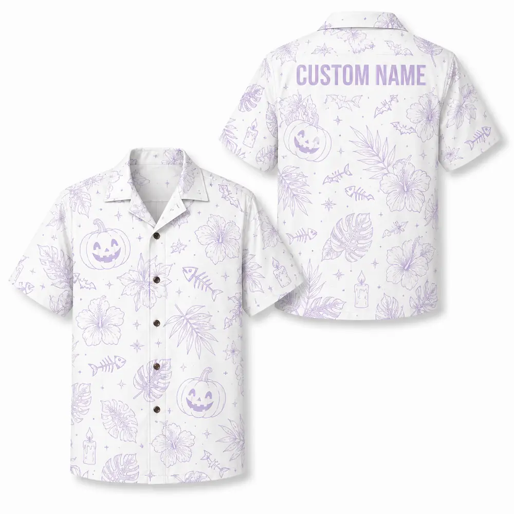 Personalized Spooky Stripe Halloween Hawaiian Shirt For Men Women, Short Sleeve Festive Fall Vacation Print, Custom Name Button Down - Style 6