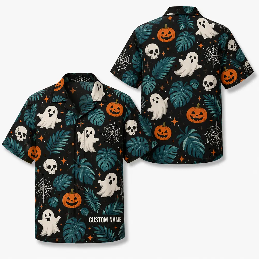 Personalized Spooky Stripe Halloween Hawaiian Shirt For Men Women, Short Sleeve Festive Fall Vacation Print, Custom Name Button Down - Style 7