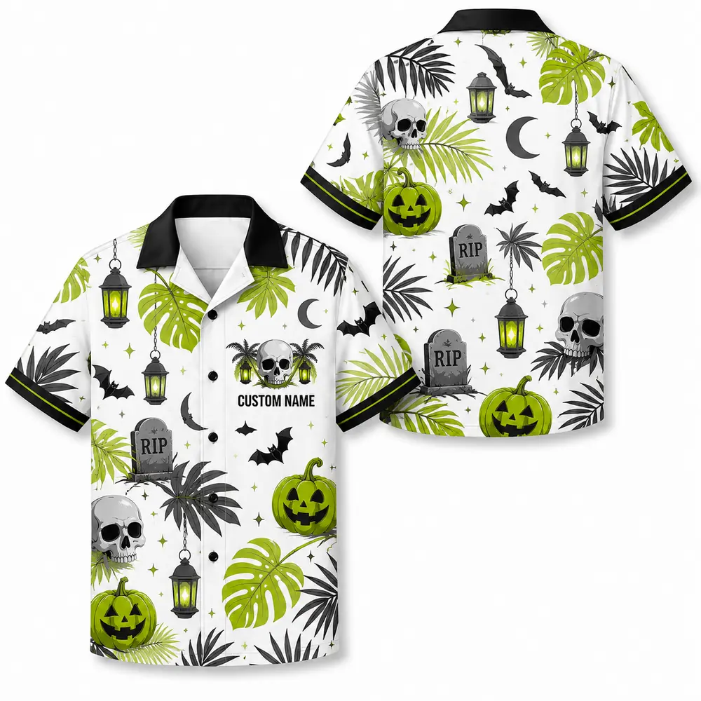 Personalized Spooky Stripe Halloween Hawaiian Shirt For Men Women, Short Sleeve Festive Fall Vacation Print, Custom Name Button Down - Style 8