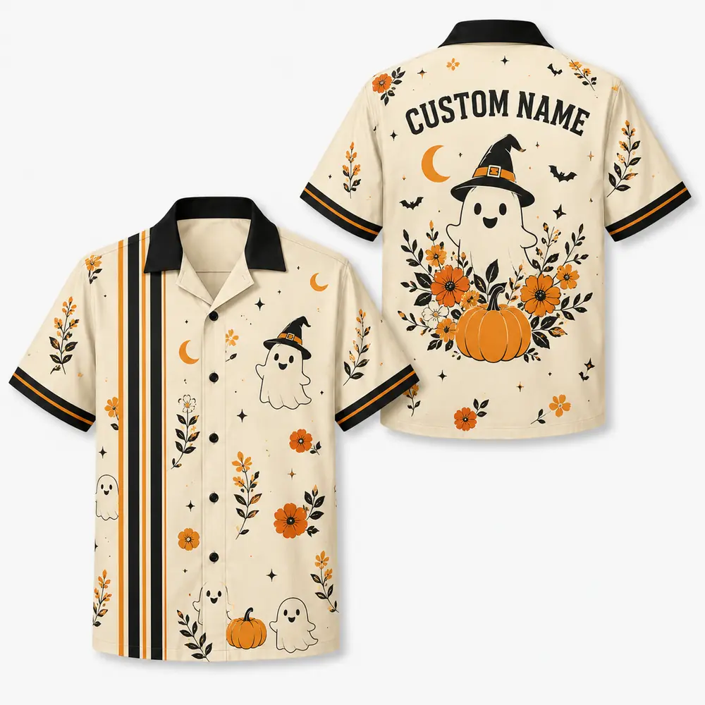 Personalized Spooky Stripe Halloween Hawaiian Shirt For Men Women, Short Sleeve Festive Fall Vacation Print, Custom Name Button Down - Style 9