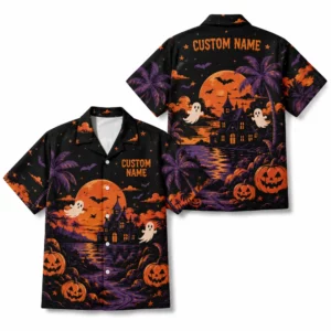 Personalized Spooky Sunset Halloween Hawaiian Shirt For Men Women, Short Sleeve Tropical Fall Festival Print, Custom Name Button Down - Style 1
