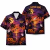 Personalized Spooky Sunset Halloween Hawaiian Shirt For Men Women, Short Sleeve Tropical Fall Festival Print, Custom Name Button Down - Style 2