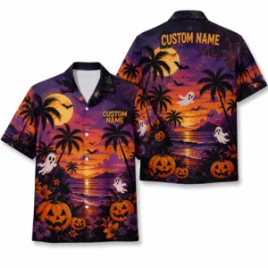 Personalized Spooky Sunset Halloween Hawaiian Shirt For Men Women, Short Sleeve Tropical Fall Festival Print, Custom Name Button Down - Style 2