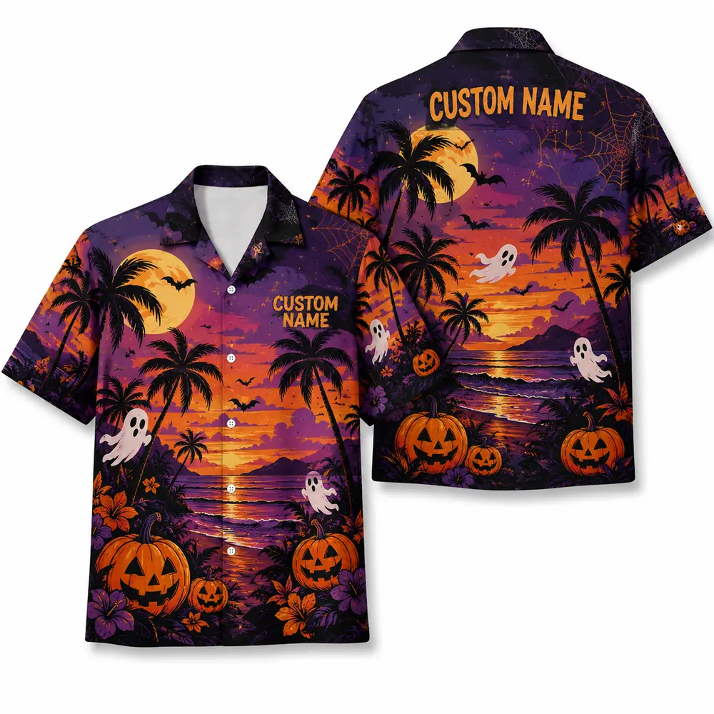 Personalized Spooky Sunset Halloween Hawaiian Shirt For Men Women, Short Sleeve Tropical Fall Festival Print, Custom Name Button Down - Style 2
