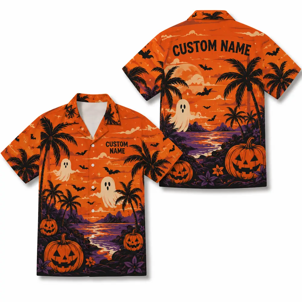 Personalized Spooky Sunset Halloween Hawaiian Shirt For Men Women, Short Sleeve Tropical Fall Festival Print, Custom Name Button Down - Style 3