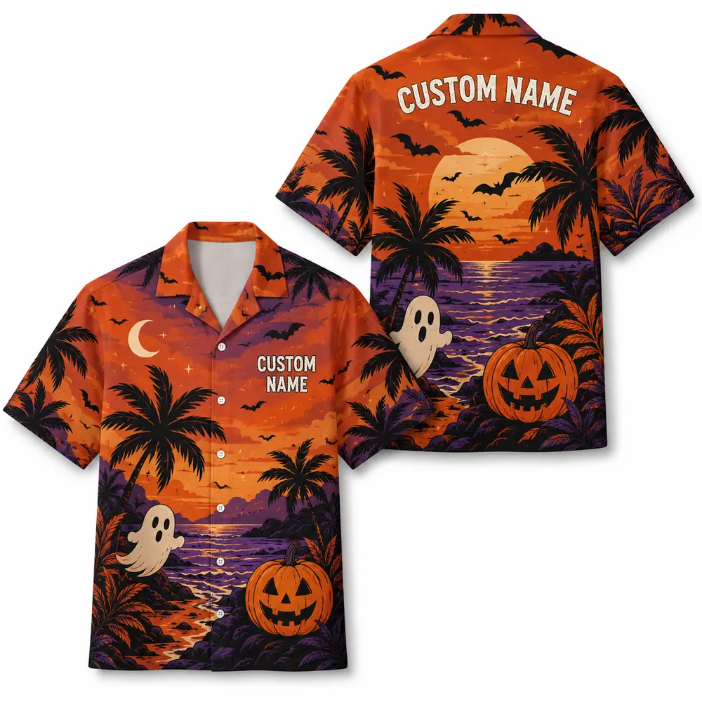 Personalized Spooky Sunset Halloween Hawaiian Shirt For Men Women, Short Sleeve Tropical Fall Festival Print, Custom Name Button Down - Style 4