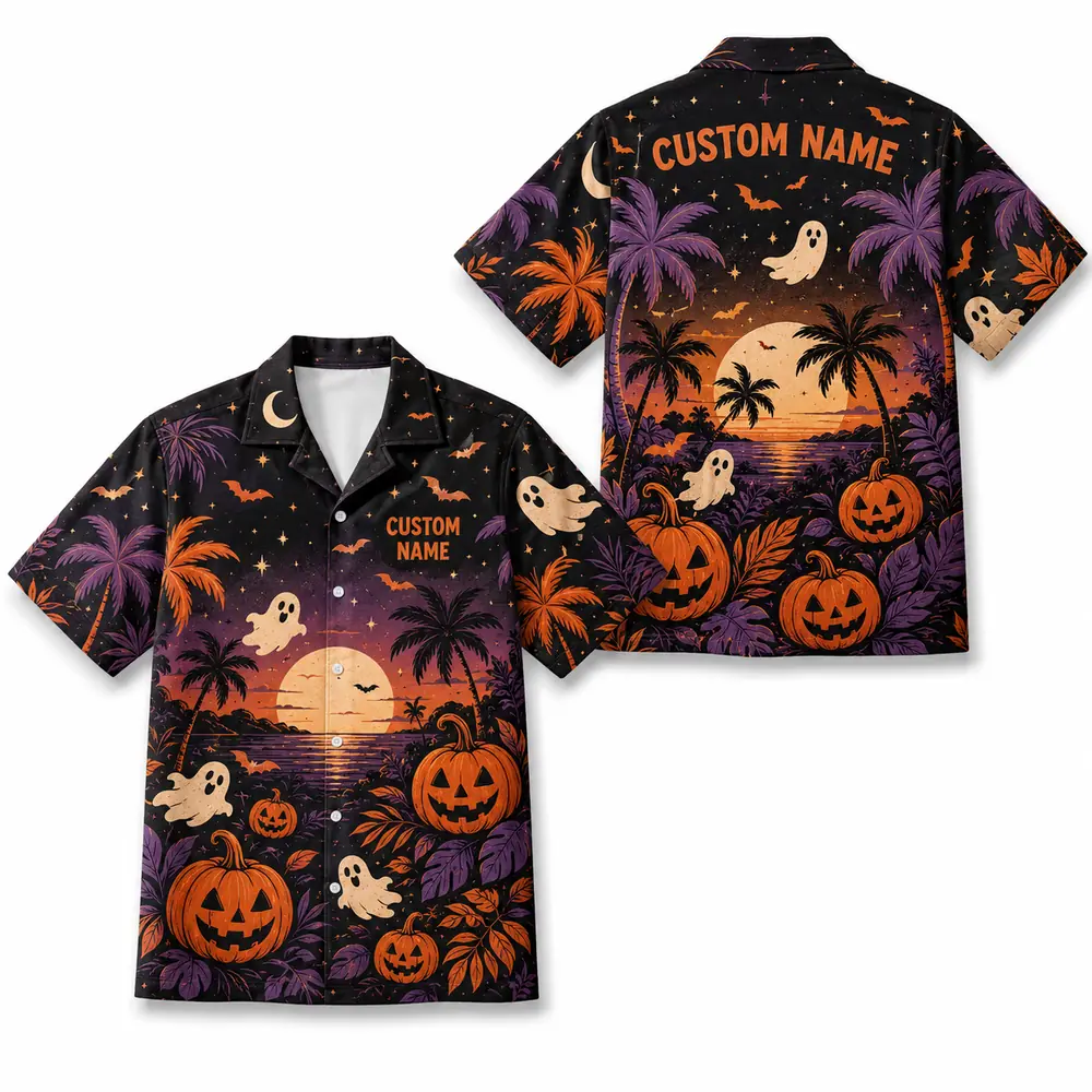 Personalized Spooky Sunset Halloween Hawaiian Shirt For Men Women, Short Sleeve Tropical Fall Festival Print, Custom Name Button Down - Style 5