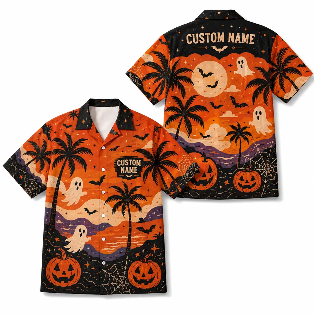 Personalized Spooky Sunset Halloween Hawaiian Shirt For Men Women, Short Sleeve Tropical Fall Festival Print, Custom Name Button Down - Style 6