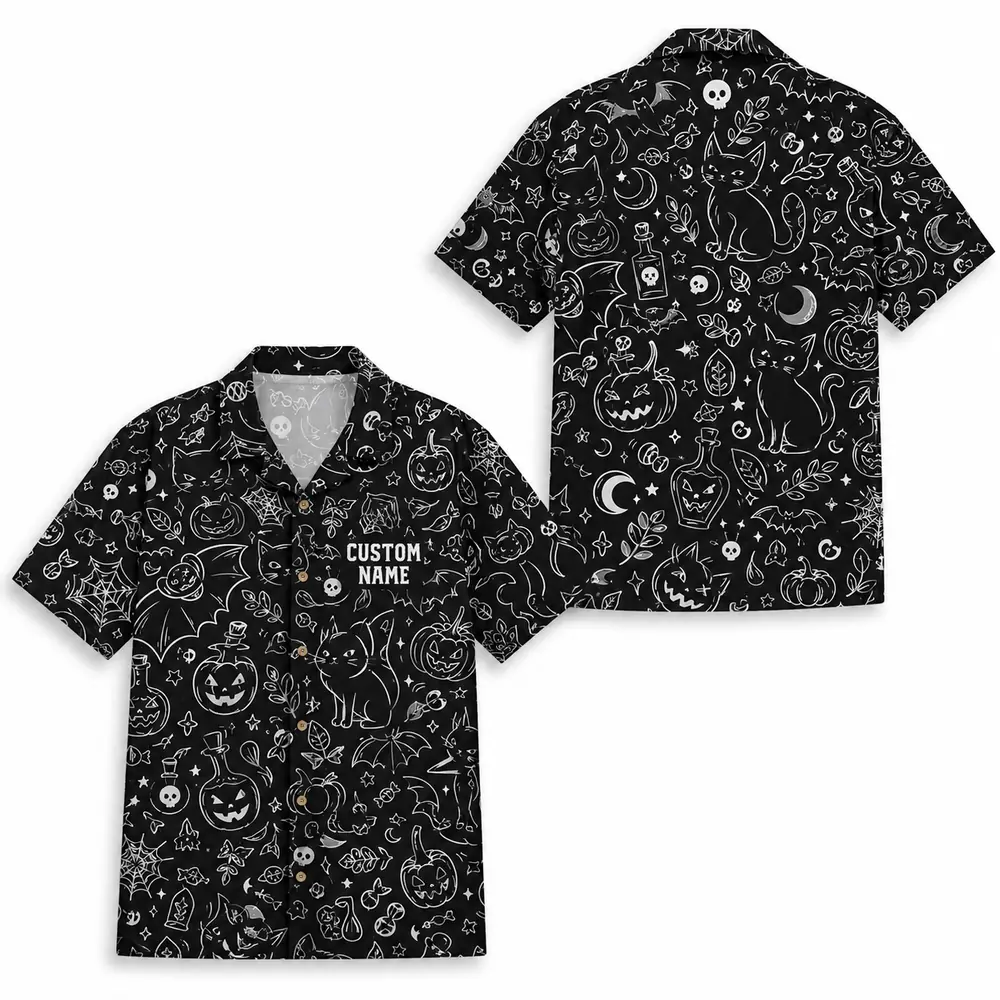 Personalized Spooky Witchcraft Halloween Hawaiian Shirt For Men Women, Short Sleeve Gothic Festival Print, Custom Name Button Down - Style 1