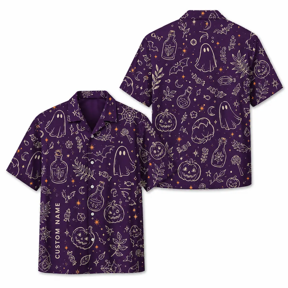Personalized Spooky Witchcraft Halloween Hawaiian Shirt For Men Women, Short Sleeve Gothic Festival Print, Custom Name Button Down - Style 3