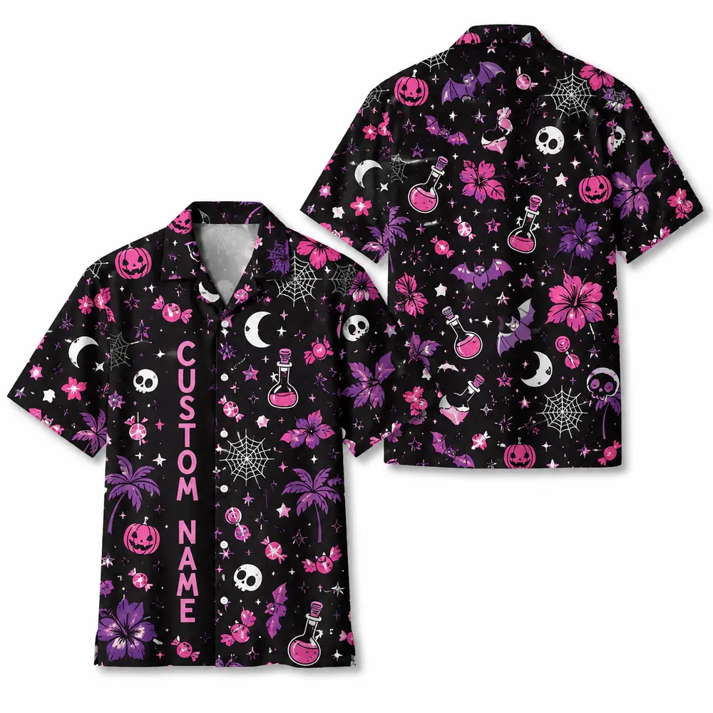 Personalized Spooky Witchcraft Halloween Hawaiian Shirt For Men Women, Short Sleeve Gothic Festival Print, Custom Name Button Down - Style 8