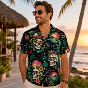 Personalized Sugar Skull Hawaiian Shirt For Men And Women, Short Sleeve Gothic Mexican Fiesta Print, Custom Name Summer Button Down - View 1