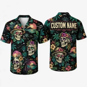 Personalized Sugar Skull Hawaiian Shirt For Men And Women, Short Sleeve Gothic Mexican Fiesta Print, Custom Name Summer Button Down