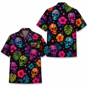 Personalized Sugar Skull Hawaiian Shirt Halloween, Neon Floral Tropical Aloha Shirt, Custom Name Shirt For Men Women - Style 1