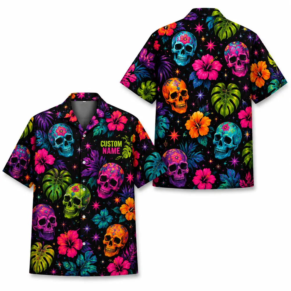 Personalized Sugar Skull Hawaiian Shirt Halloween, Neon Floral Tropical Aloha Shirt, Custom Name Shirt For Men Women - Style 1