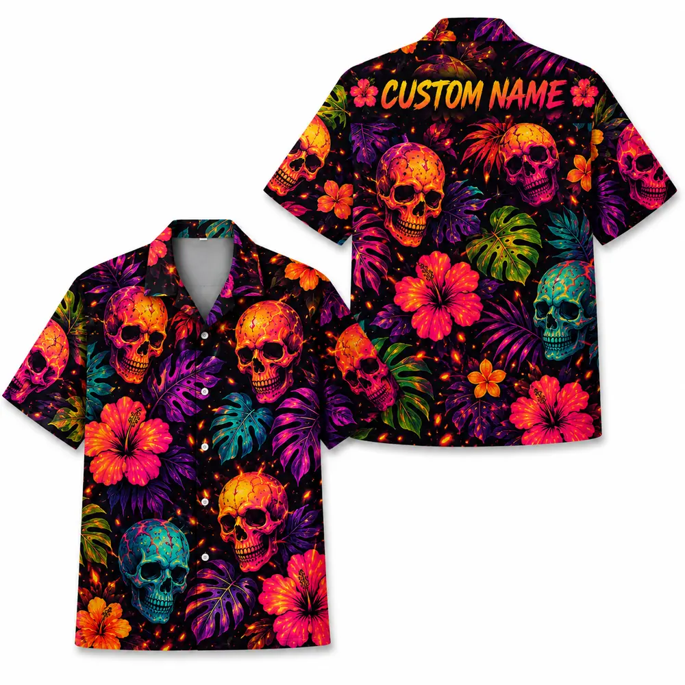 Personalized Sugar Skull Hawaiian Shirt Halloween, Neon Floral Tropical Aloha Shirt, Custom Name Shirt For Men Women - Style 10
