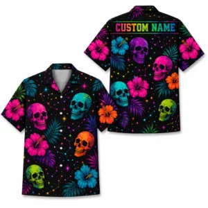 Personalized Sugar Skull Hawaiian Shirt Halloween, Neon Floral Tropical Aloha Shirt, Custom Name Shirt For Men Women - Style 2