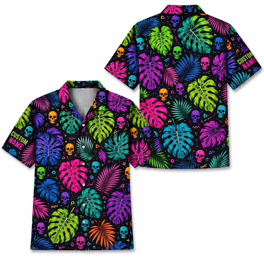 Personalized Sugar Skull Hawaiian Shirt Halloween, Neon Floral Tropical Aloha Shirt, Custom Name Shirt For Men Women - Style 3