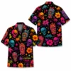 Personalized Sugar Skull Hawaiian Shirt Halloween, Neon Floral Tropical Aloha Shirt, Custom Name Shirt For Men Women - Style 4