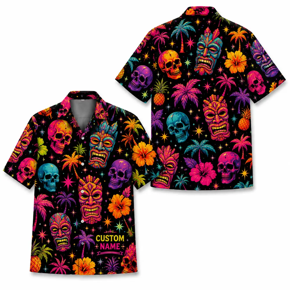 Personalized Sugar Skull Hawaiian Shirt Halloween, Neon Floral Tropical Aloha Shirt, Custom Name Shirt For Men Women - Style 4