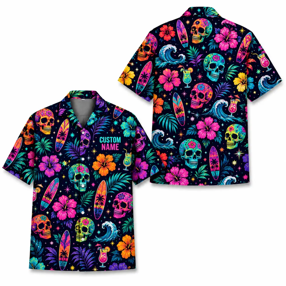 Personalized Sugar Skull Hawaiian Shirt Halloween, Neon Floral Tropical Aloha Shirt, Custom Name Shirt For Men Women - Style 5