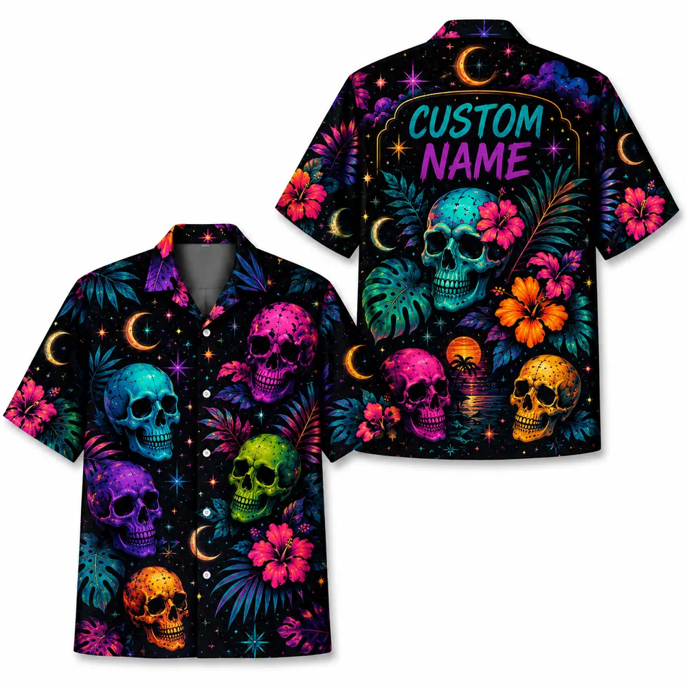 Personalized Sugar Skull Hawaiian Shirt Halloween, Neon Floral Tropical Aloha Shirt, Custom Name Shirt For Men Women - Style 6