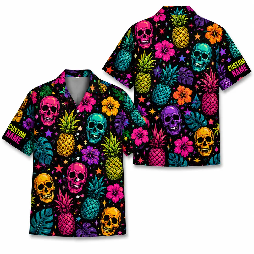 Personalized Sugar Skull Hawaiian Shirt Halloween, Neon Floral Tropical Aloha Shirt, Custom Name Shirt For Men Women - Style 7