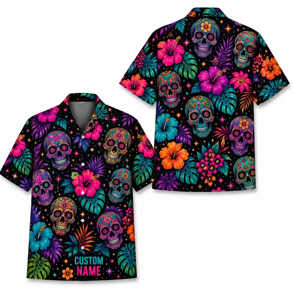 Personalized Sugar Skull Hawaiian Shirt Halloween, Neon Floral Tropical Aloha Shirt, Custom Name Shirt For Men Women - Style 8