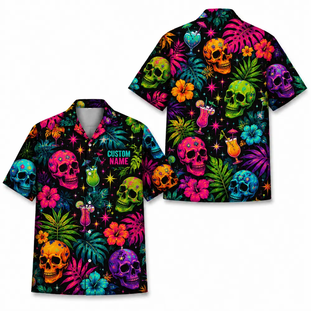 Personalized Sugar Skull Hawaiian Shirt Halloween, Neon Floral Tropical Aloha Shirt, Custom Name Shirt For Men Women - Style 9