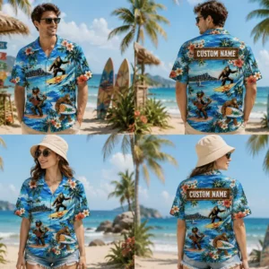Personalized Surfing Bigfoot Tropical Hawaiian Shirt For Men And Women, Short Sleeve Funny Cryptid Island Vacation Print, Custom Name Summer Button Down - View 1