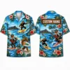Personalized Surfing Bigfoot Tropical Hawaiian Shirt For Men And Women, Short Sleeve Funny Cryptid Island Vacation Print, Custom Name Summer Button Down
