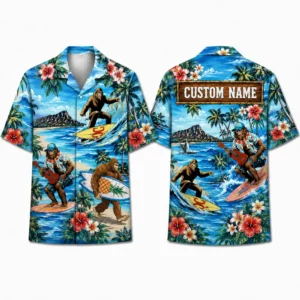 Personalized Surfing Bigfoot Tropical Hawaiian Shirt For Men And Women, Short Sleeve Funny Cryptid Island Vacation Print, Custom Name Summer Button Down