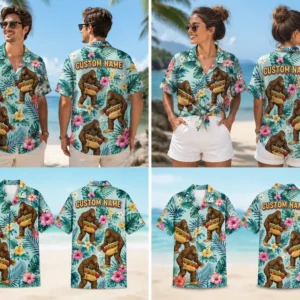 Personalized Surfing Bigfoot Tropical Hawaiian Shirt For Men And Women, Short Sleeve Funny Vacation Print, Custom Name Summer Button Down - View 1