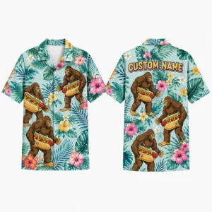 Personalized Surfing Bigfoot Tropical Hawaiian Shirt For Men And Women, Short Sleeve Funny Vacation Print, Custom Name Summer Button Down