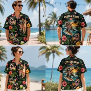 Personalized Surfing Raccoon Tropical Hawaiian Shirt For Men And Women, Short Sleeve Funny Wildlife Island Vacation Print, Custom Name Summer Button Down - View 1