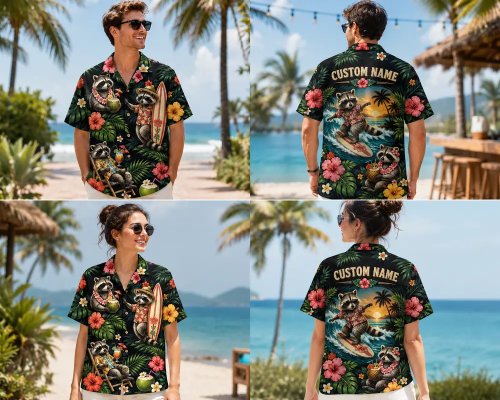 Personalized Surfing Raccoon Tropical Hawaiian Shirt For Men And Women, Short Sleeve Funny Wildlife Island Vacation Print, Custom Name Summer Button Down - View 1
