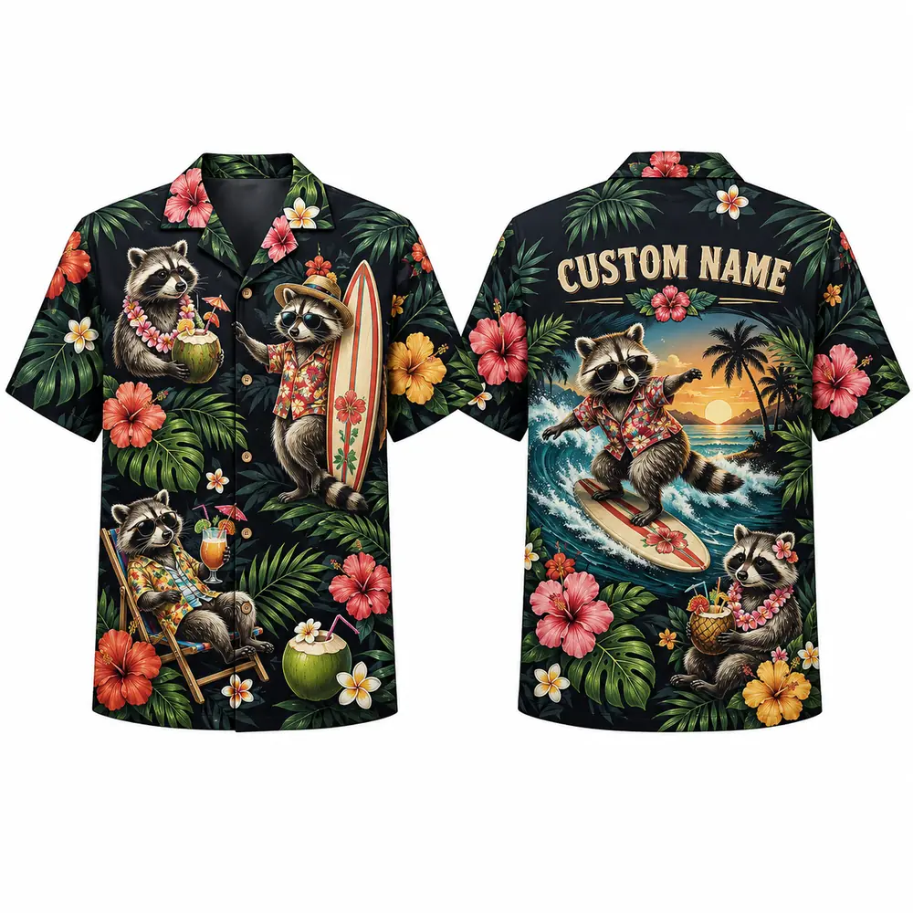 Personalized Surfing Raccoon Tropical Hawaiian Shirt For Men And Women, Short Sleeve Funny Wildlife Island Vacation Print, Custom Name Summer Button Down