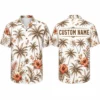 Personalized Terracotta Palm Tree Hawaiian Shirt For Men And Women, Short Sleeve Elegant Earth-Tone Tropical Vacation Print, Custom Name Summer Button Down