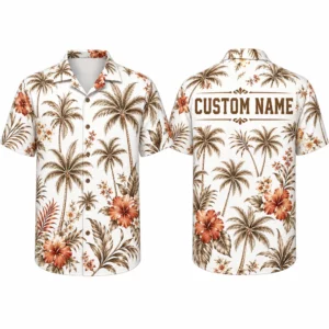 Personalized Terracotta Palm Tree Hawaiian Shirt For Men And Women, Short Sleeve Elegant Earth-Tone Tropical Vacation Print, Custom Name Summer Button Down