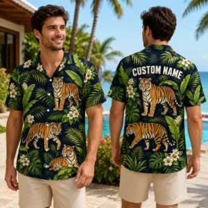 Personalized Tiger Jungle Hawaiian Shirt For Men And Women, Short Sleeve Wild Animal Tropical Summer Print, Custom Name Button Down - View 1