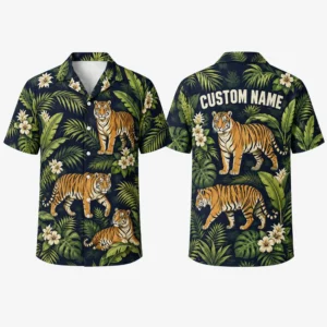 Personalized Tiger Jungle Hawaiian Shirt For Men And Women, Short Sleeve Wild Animal Tropical Summer Print, Custom Name Button Down