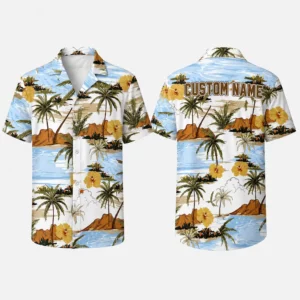Personalized Tropical Beach Landscape Hawaiian Shirt For Men And Women, Short Sleeve Scenic Island Vacation Print, Custom Name Summer Button Down