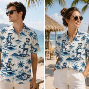 Personalized Tropical Beach Vacation Hawaiian Shirt For Men And Women, Short Sleeve Vintage Blue & White Print, Custom Name Button Down - View 1