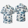 Personalized Tropical Beach Vacation Hawaiian Shirt For Men And Women, Short Sleeve Vintage Blue & White Print, Custom Name Button Down