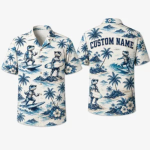 Personalized Tropical Beach Vacation Hawaiian Shirt For Men And Women, Short Sleeve Vintage Blue & White Print, Custom Name Button Down