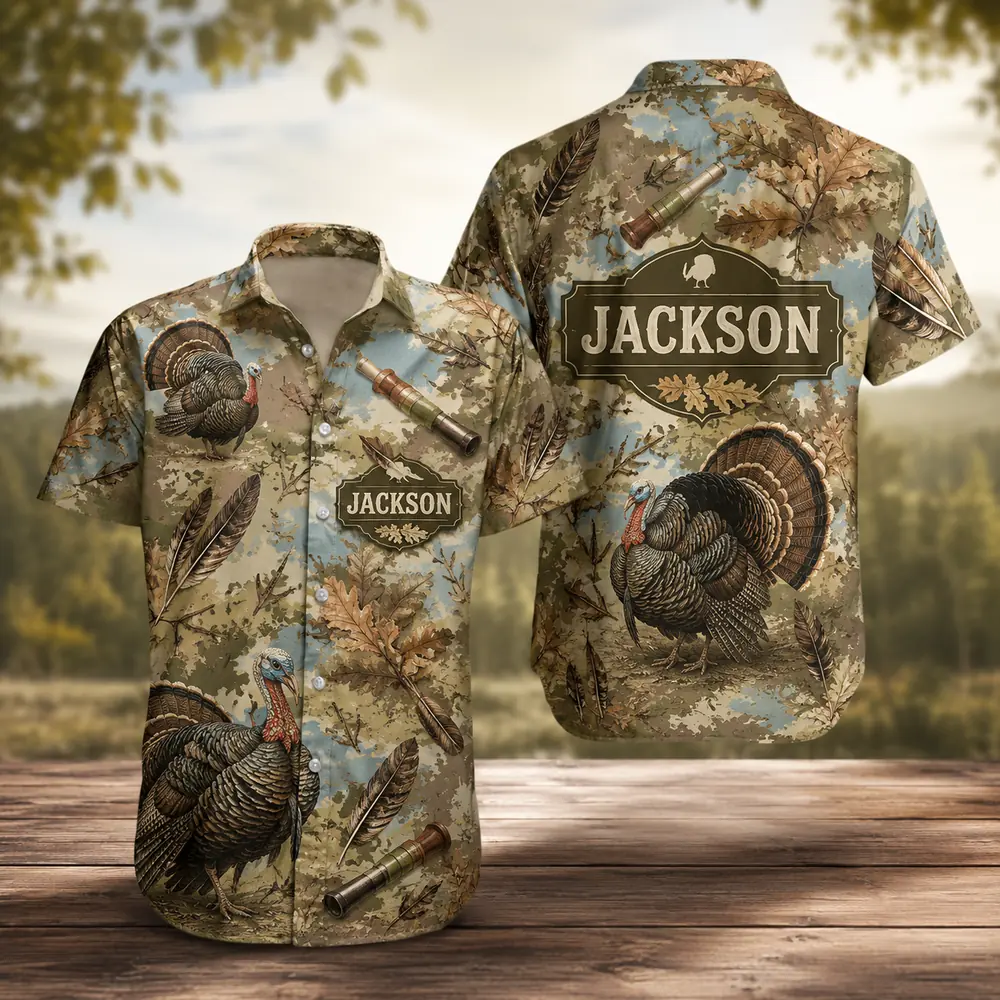 Personalized Turkey Hunting Hawaiian Shirt For Men And Women, Short Sleeve Woodland Wildlife Print, Custom Name Summer Button Down - Style 1
